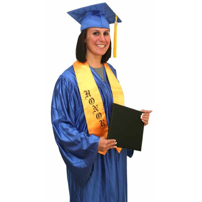 Shiny cap, gown, tassel, diploma cover, and stole