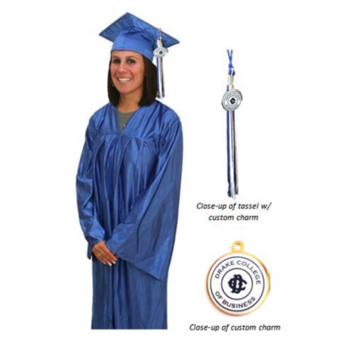 Shiny cap, gown, and tassel with custom charm