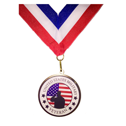 Veteran Medallion, solider with flag in background, with red/white/blue ribbon