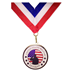 Veteran Medallion, solider with flag in background, with red/white/blue ribbon