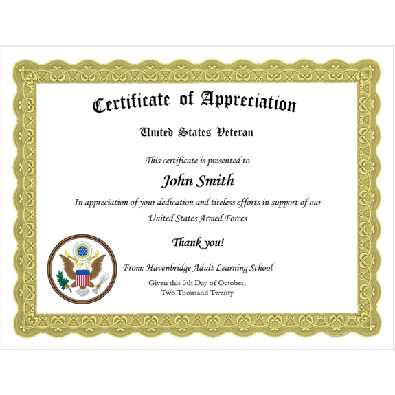 Veteran Certificate of Appreciation